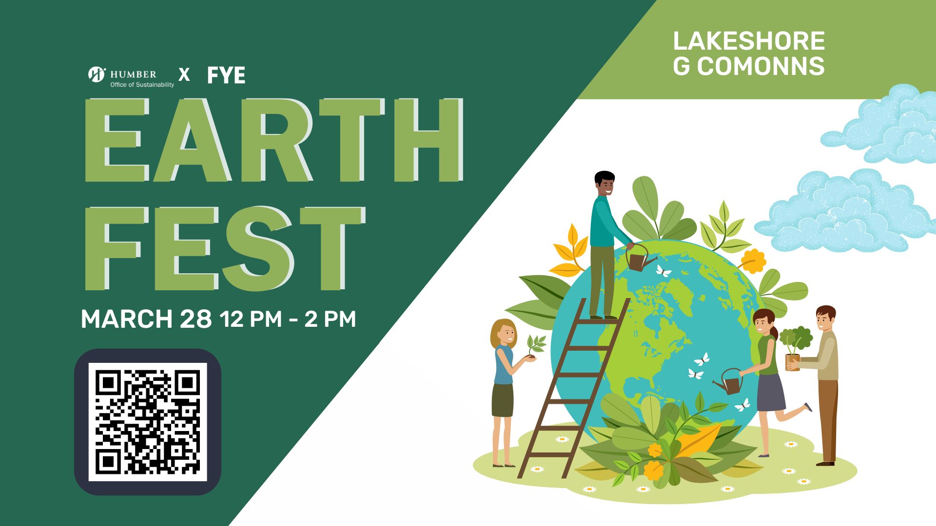 Horizontal poster with planet Earth being taken care of by people. The poster title says “Earth Fest” and the date of the event “March 28” from 12 pm to 2 pm. Below there’s a QR code for people to scan and register for the event. 