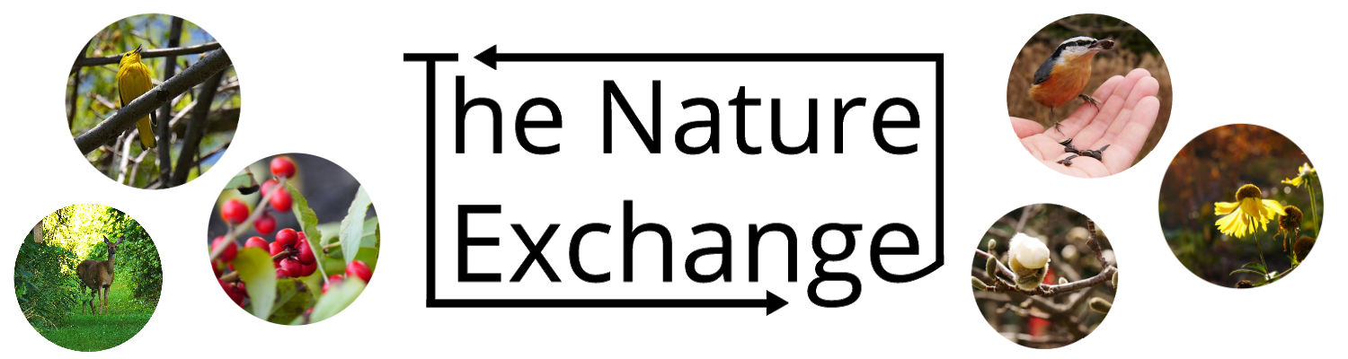Banner featuring a logo for The Nature Exchange and photos of various Arboretum plants and animals in a series of circles.