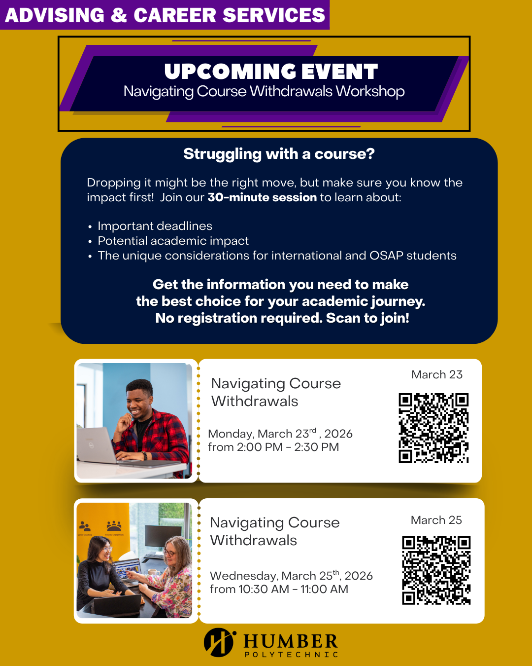 Poster for Navigating Course Withdrawals Workshops.