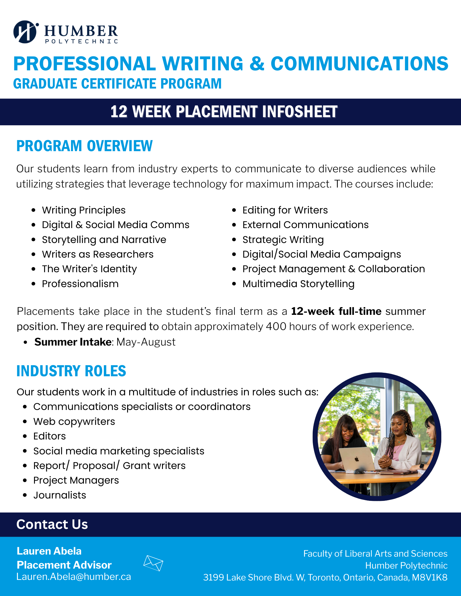 PWC Placement Handout Poster for Professional Writing & Communications Placement