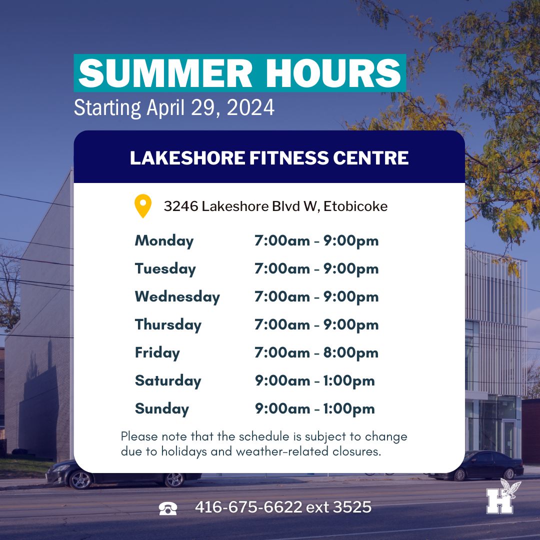 List of Summer Hours for the Lakeshore Fitness Centre