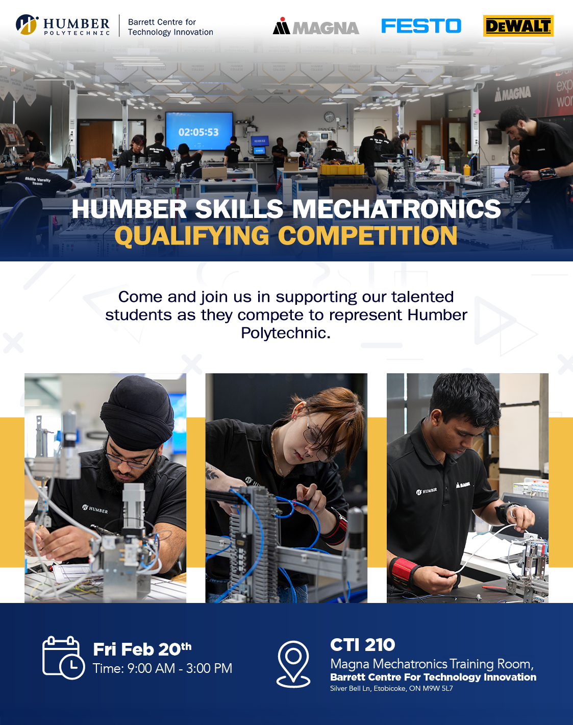 Skills Mechatronics Qualifying Competition Poster with photos of students working assembling mechatronic equipement