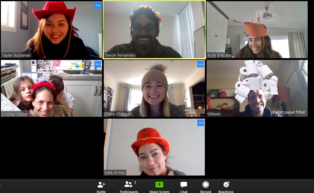 Office of Sustainability has funny hat Friday on a video conference call. 