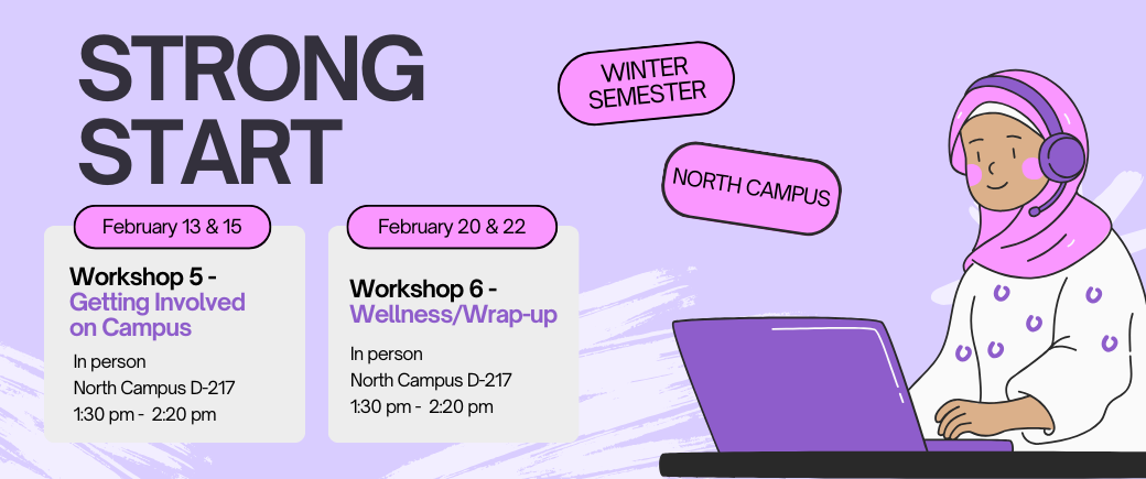Purple background image with the title "Strong Start" and smaller text balloons with "North Campus" and "Winter Semester"