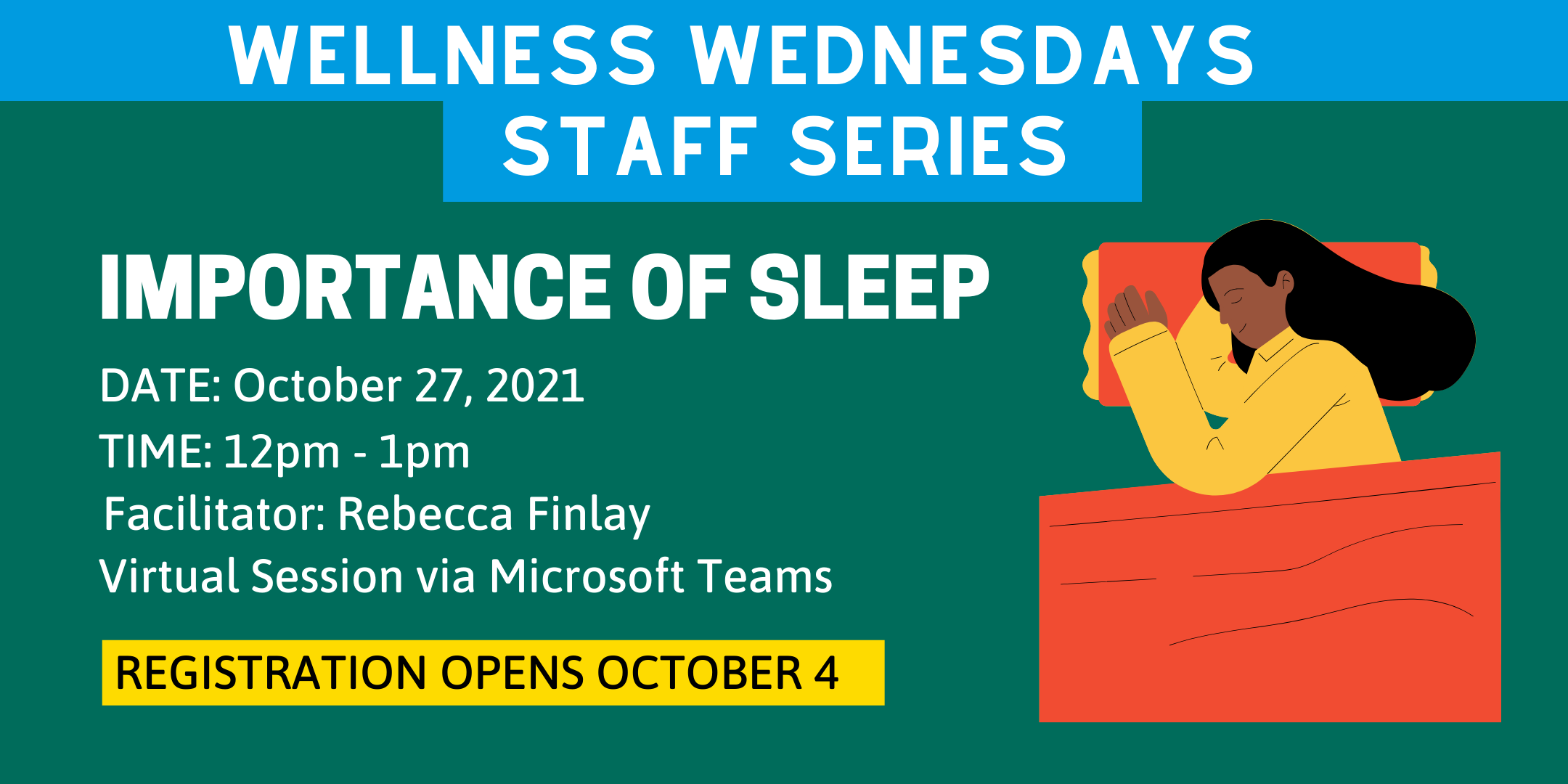Text about Wellness Wednesday event with graphic of a person lying on their side on a pillow under a blanket 