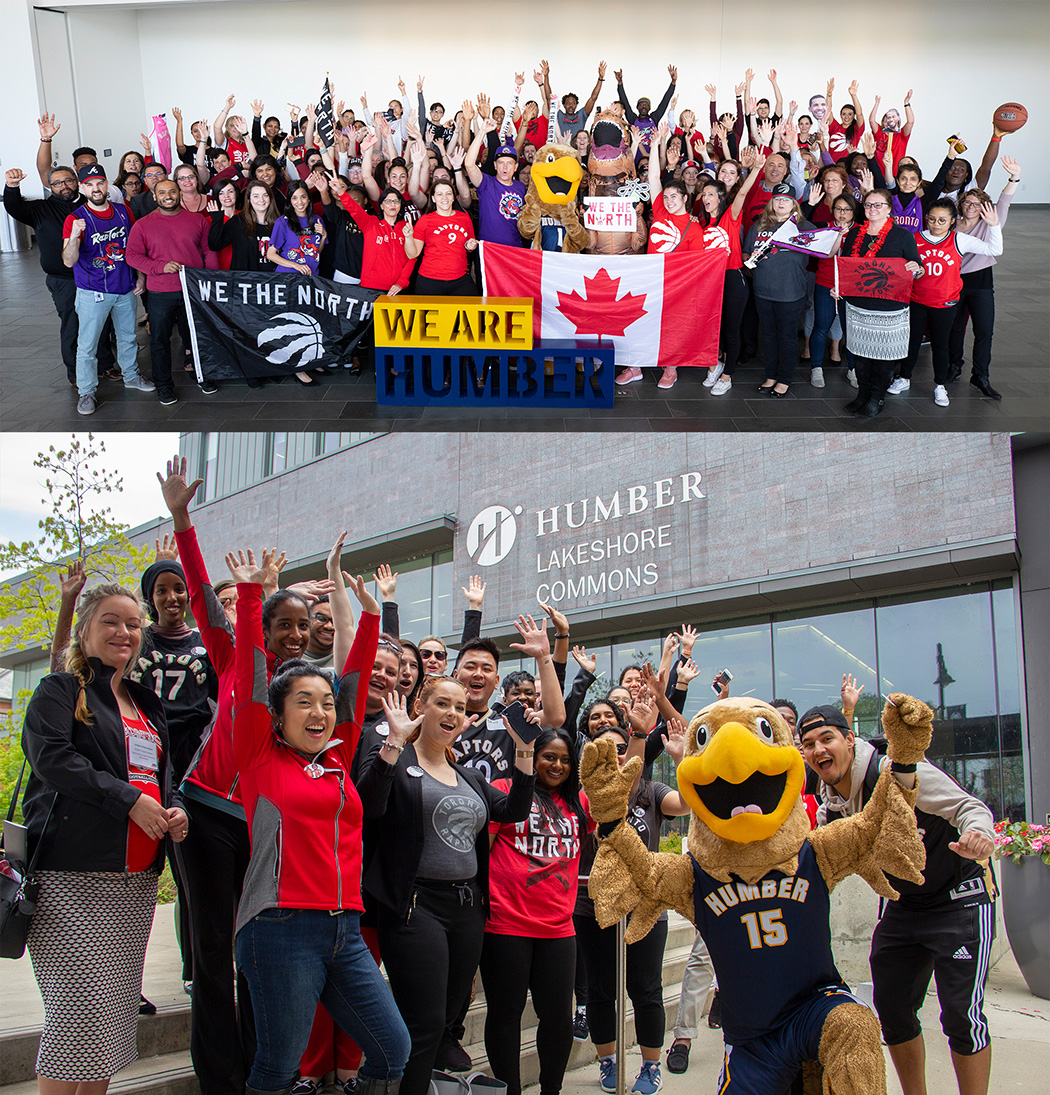 Group of Humber students wearing Raptors jerseys