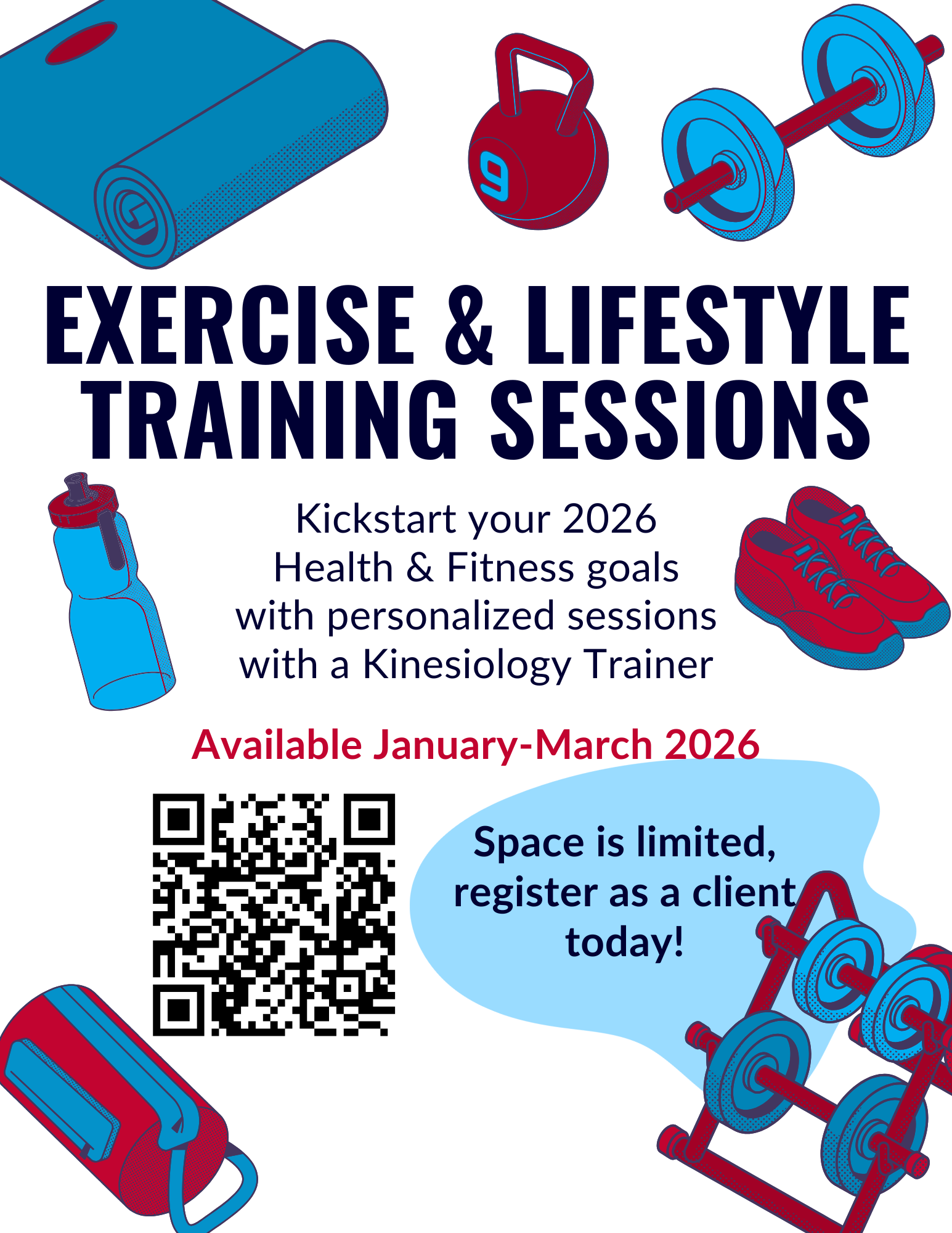 Poster for Exercise & Lifestyle Training Sessions with graphics of gym equipment.