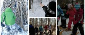 Children enjoying snowshoeing, chickadee feeding, and shelter building at nature camp.