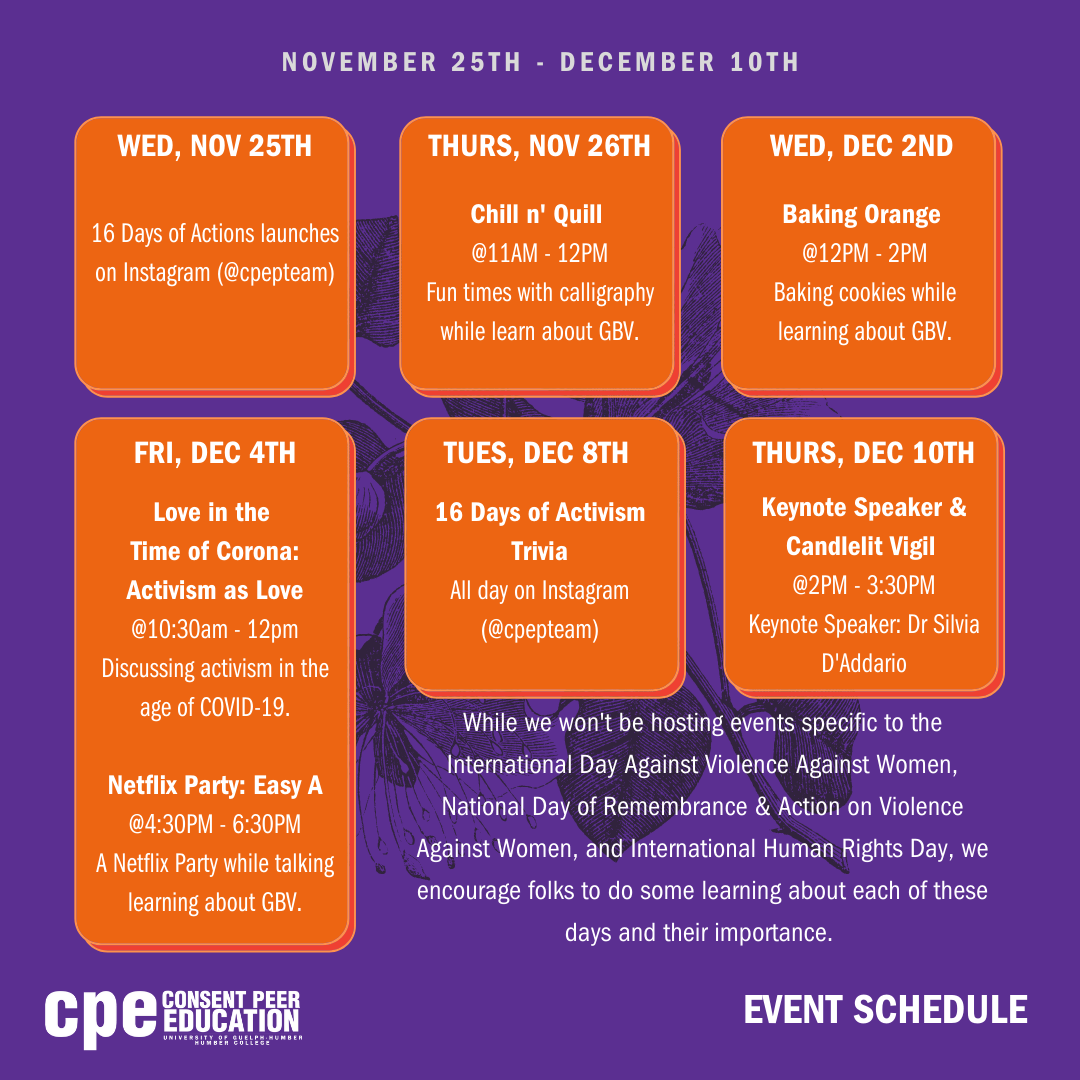Events schedule for 16 Days of Activism