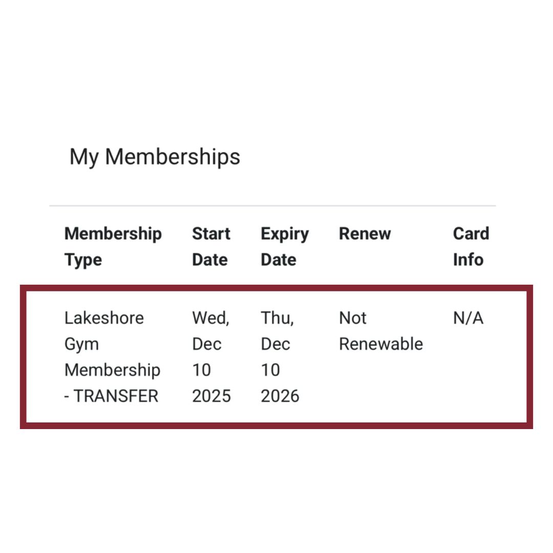 Memberships page showing expiry date