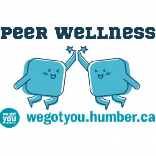Two figures are leaping up in the air and doing a high five. The text appearing above them says "peer wellness". Below the figures, the text reads "wegotyou.humber.ca"