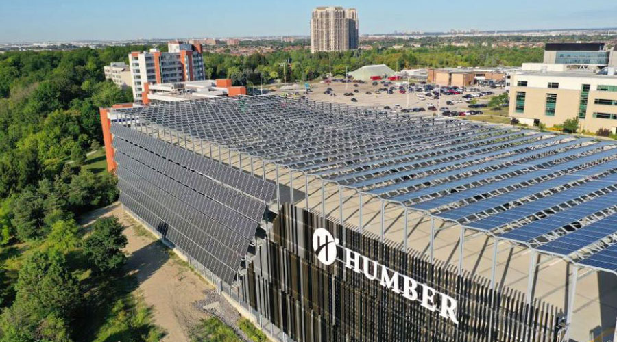 Drone shot of Humber parking garage roof with solar panels