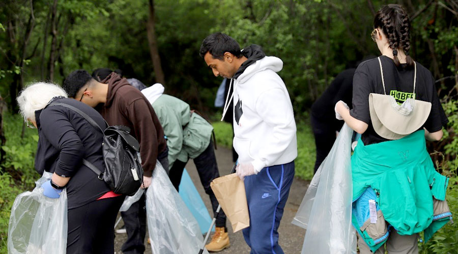 People in forested area cleaning trash off ground into garbage bags
