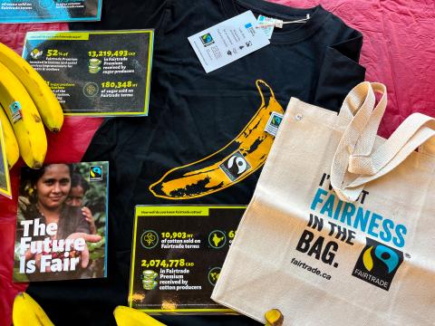 Fairtrade promotional items displayed on a table