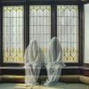 Two people dressed likes translucent ghosts sit in front of a stained glass window.