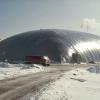 The exterior of a large, inflated canvas structure.