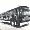 A black-and-white photo of a bus with the words Humber College on it.