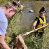 A person standing in a river empties a net into a bucket.