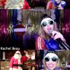 A screenshot of host Rachel Beau wearing flashy clothes and sunglasses in a split screen with Santa on Zoom