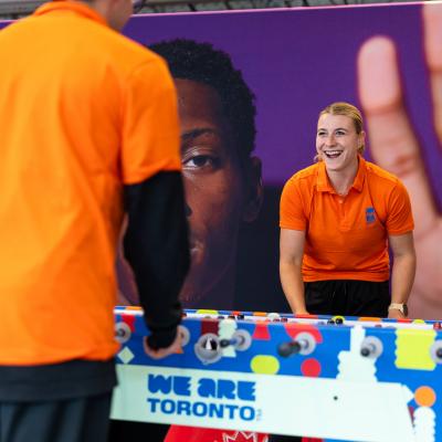 Foosball in the volunteer centre. Volunteers play foosball.