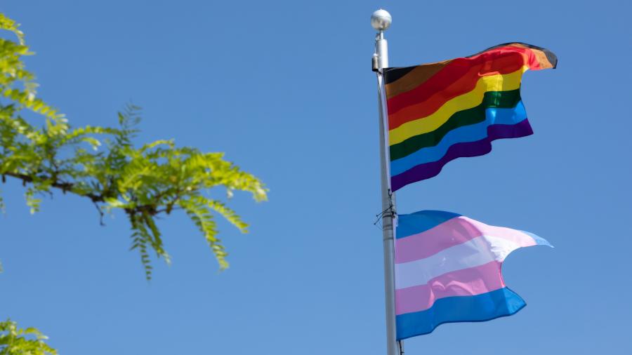 The Pride and Trans flags attached to a flagpole.
