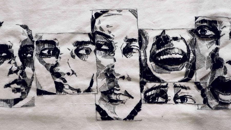 A black and white piece of art that depicts a person’s face making different expressions.