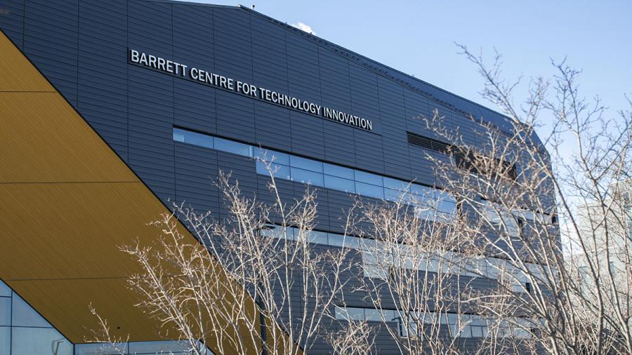 An exterior of a building that reads Barrett Centre for Technology Innovation.