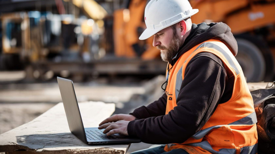 A person wearing a hardhat and reflective vest works on a laptop at a construction site.