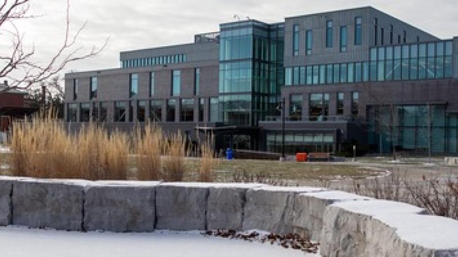 An exterior shot of Humber's Lakeshore Campus in the winter. 