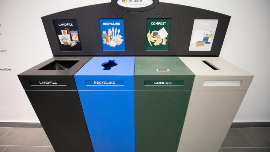 A prototype of the new bins stands in the LRC on North campus