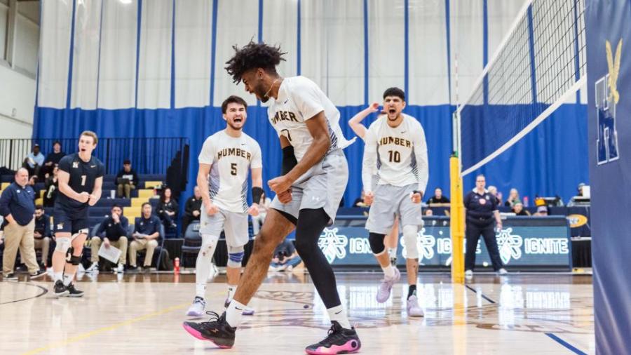 A player wearing a Humber Hawks jersey celebrates with their teammates on the court.