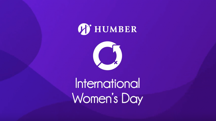 A purple screen with the words Humber and International Women’s Day on it.