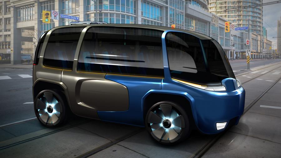 A 3D rendering of The Archer, a shiny black and blue enclosed electric vehicle
