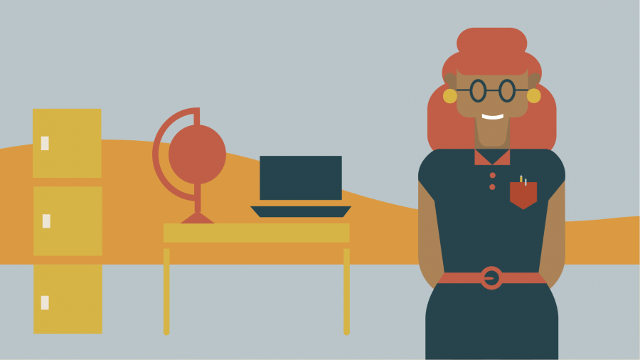 A cartoon image of a teacher with red hair stands in front of a table with a laptop and globe.