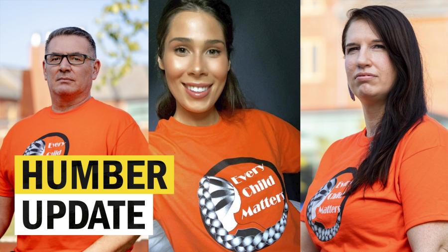 A screen capture of the Humber Update video shows three members of Indigenous Education and Engagement in orange shirts
