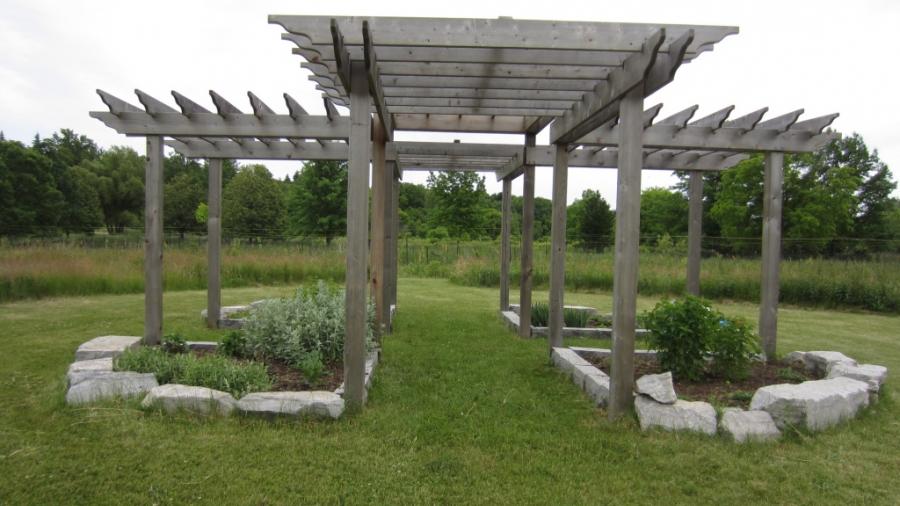 A wooden structure with four gardens planted beneath it sits in a field.