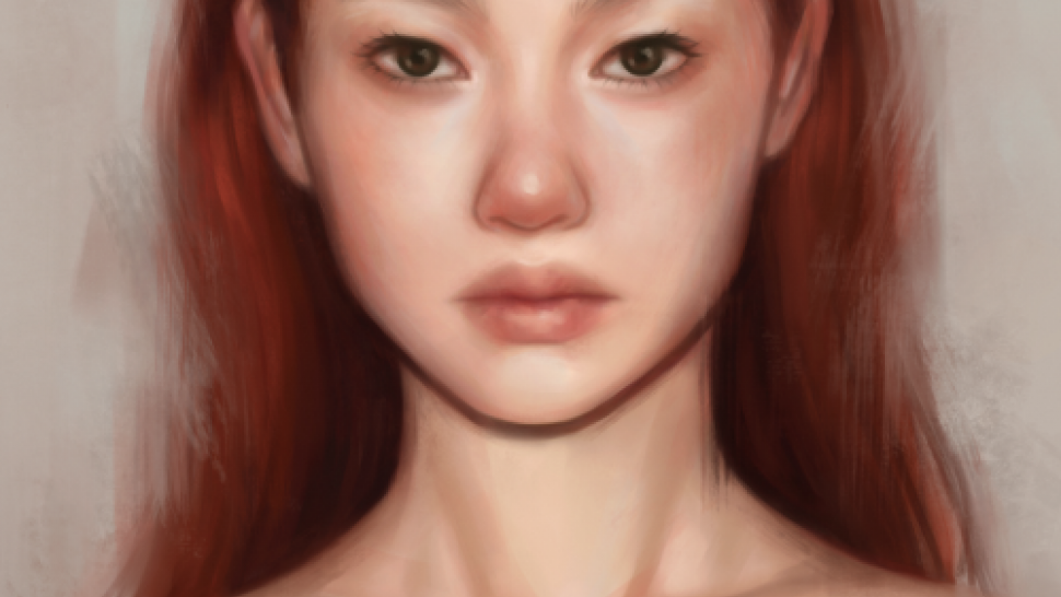 'Red' by Anna Sychevskaia is a digital image of a young woman with red hair and bare shoulders