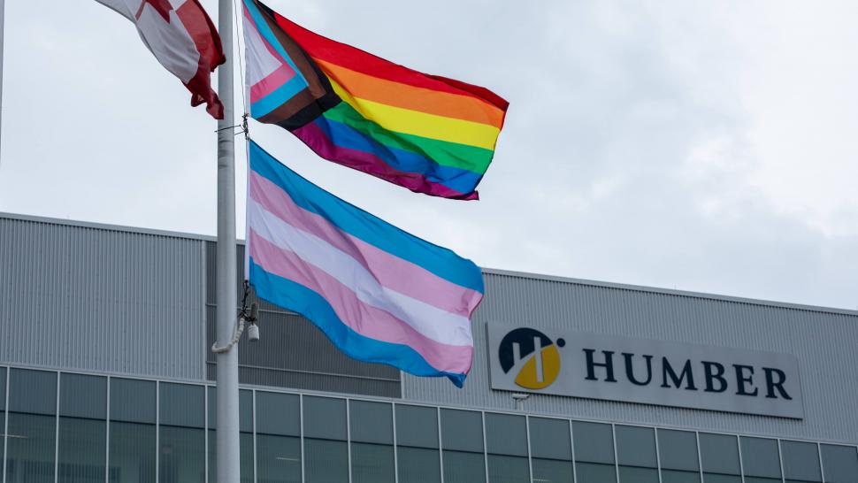 The Pride and Trans flags fly on a flagpole next to a flagpole with the Canadian flag. In the background is a Humber College bui