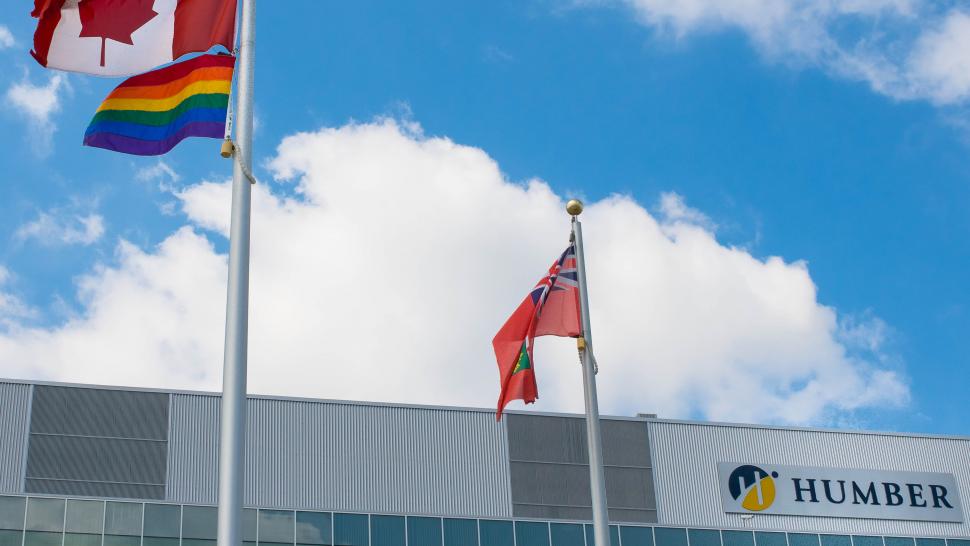 The pride flag flies at Humber College North campus