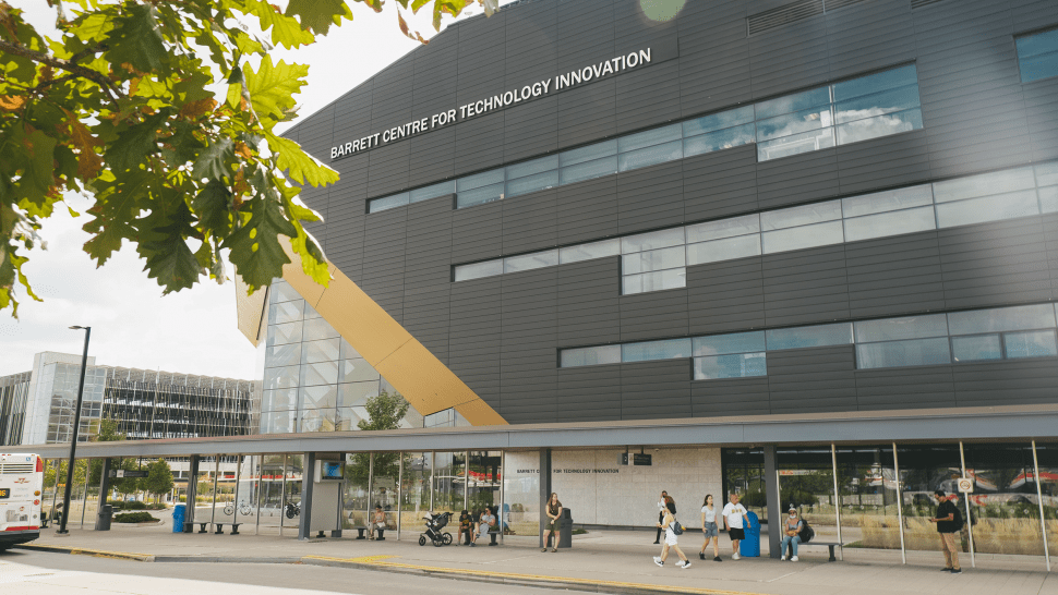 The Barrett Centre for Technology Innovation is celebrating its fifth anniversary. An exterior of a building with a sign on it that reads Barrett Centre for Technology Innovation.