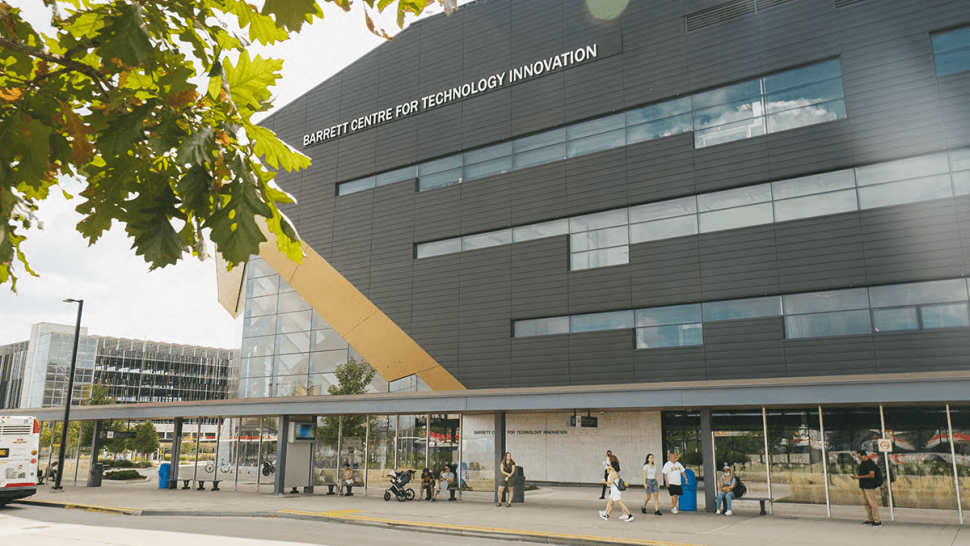 Humber College is helping girls from marginalized communities in Kenya and Ethiopia pursue education and employment through the STEM Education for Empowerment Project. An exterior of a building that reads Barrett Centre for Technology Innovation.