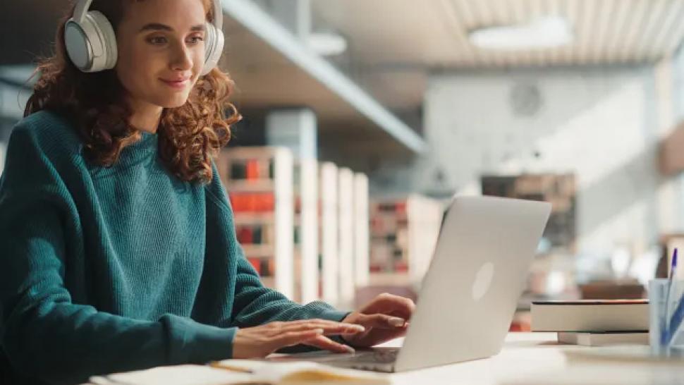 A person sits in front of a laptop computer.