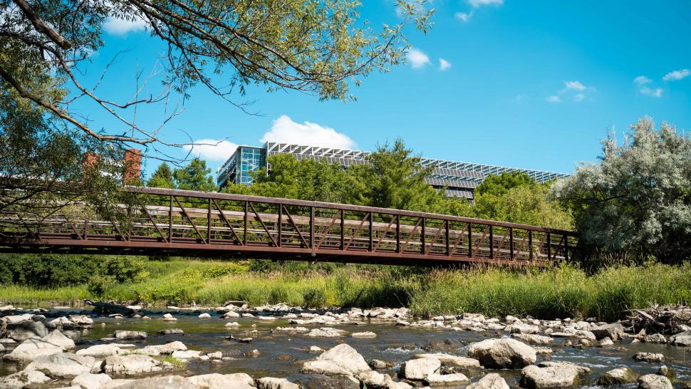 A bridge spanning over a waterway on the Humber College North Campus.