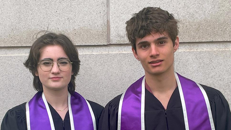 Music Performance alumni Robin Jackson and Cedric Van Exel have been accepted into Humber’s Bachelor of Music for Fall 2025. Two people wearing graduation robes stand together.