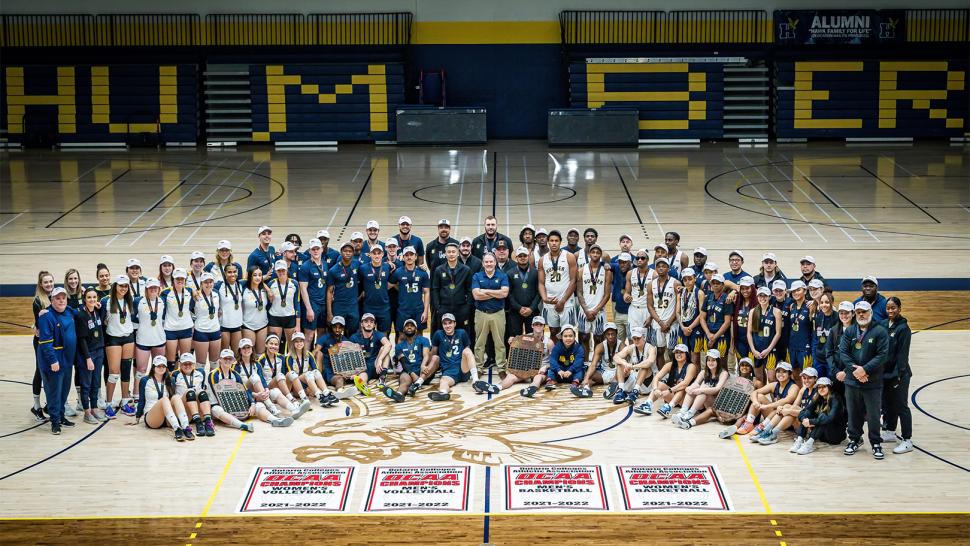 Humber Hawks' men's and women's basketball and volleyball teams display their championship banners in the North Campus gym