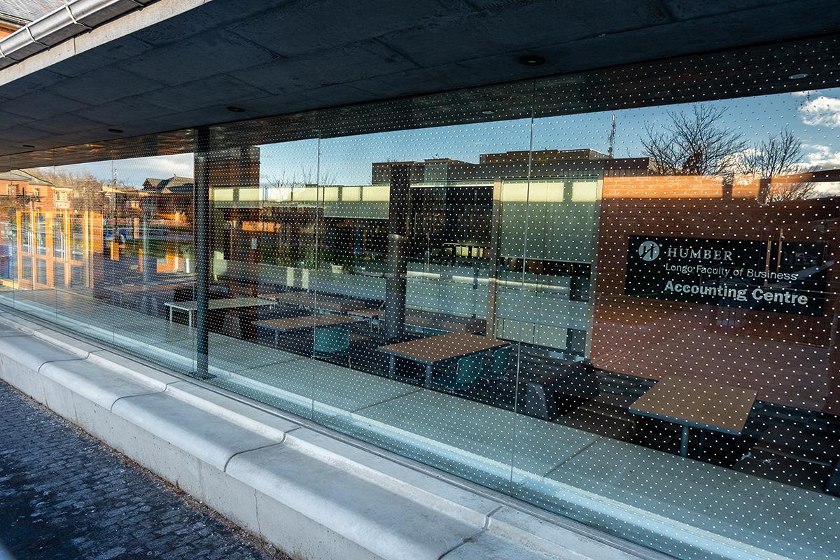 A window at Humber Polytechnic with bird-deterrent dot markers on it.