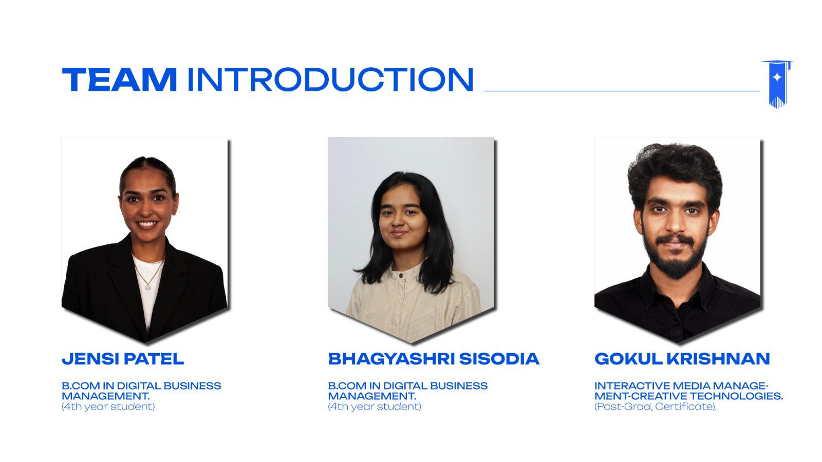 Humber Polytechnic students participated in the Innovate and Elevate Branding Kit Challenge, a paid experiential learning initiative A graphic of three students showing their names, programs of study and year they’re in.