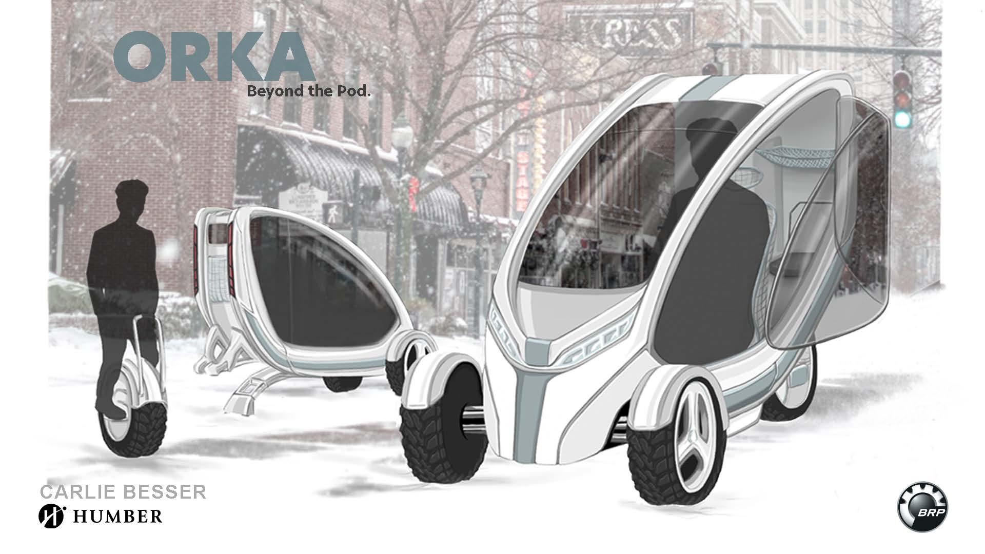 A conceptual design of a small vehicle for one person. The words ORKA Beyond the Pod are on the image.