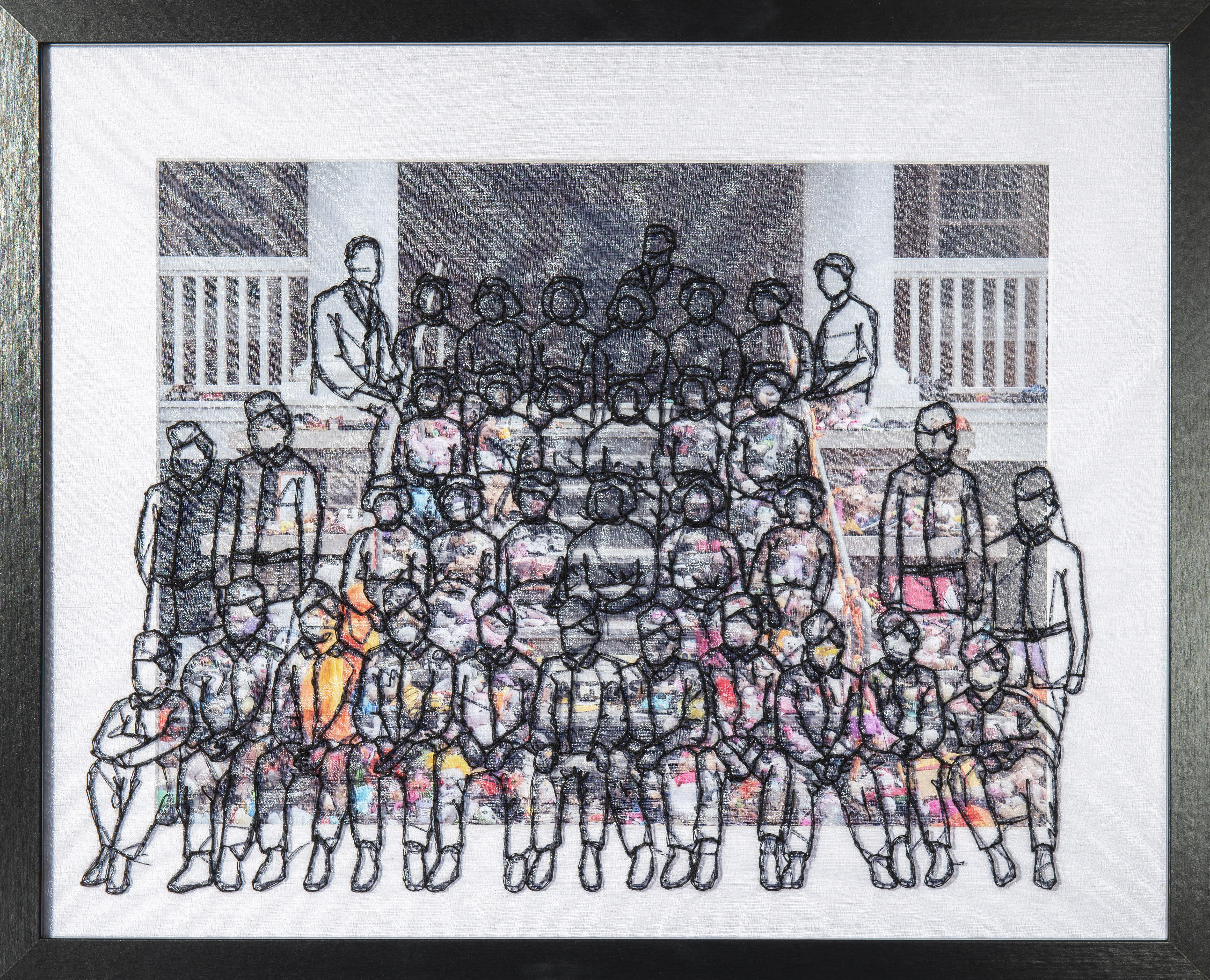 A piece of art that uses string to stitch the outlines of people overtop a photograph.