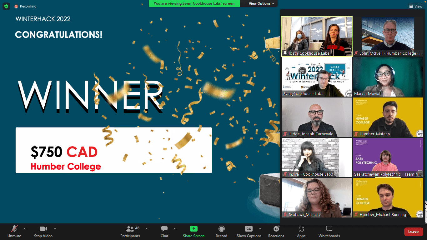 A screenshot that reads Winner, $750 CAD, Humber College. There are videos of people on the right side of the screen.